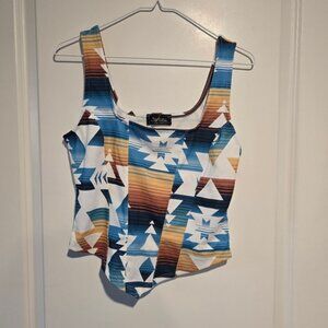 Nypon Apparel Blue And White Western Aztec Print Womens Top